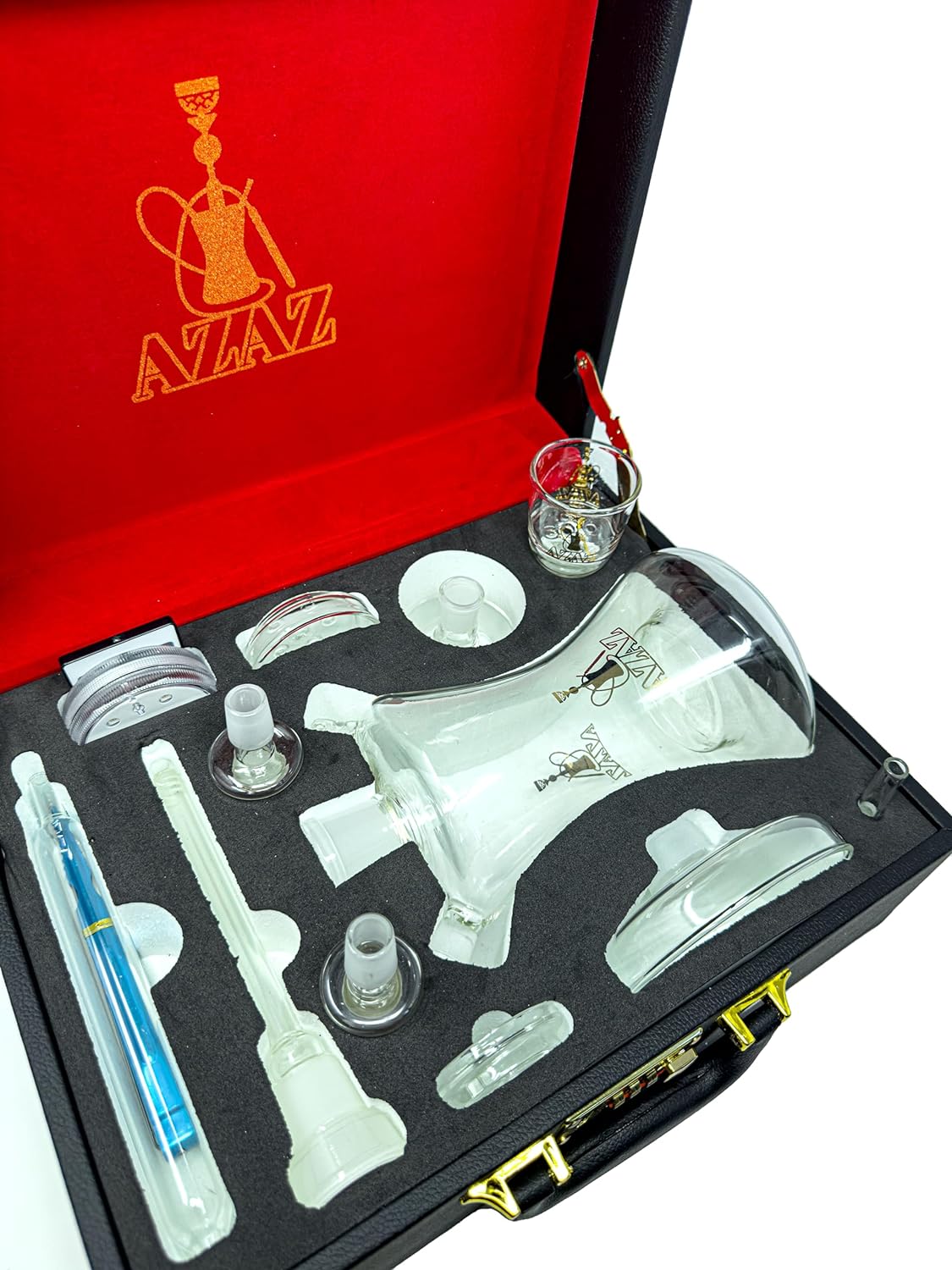 AZAZ Mystical Cloud Luxury Portable Glass Hookah Set with Glassdown Stem, 2 Glass Bowl, 2 Glass Bowl Lid, Glass Charcoal Tray, LED Light with Remote, Charcoal Tongs, Hookah Hose, and Hookah Carrying Case