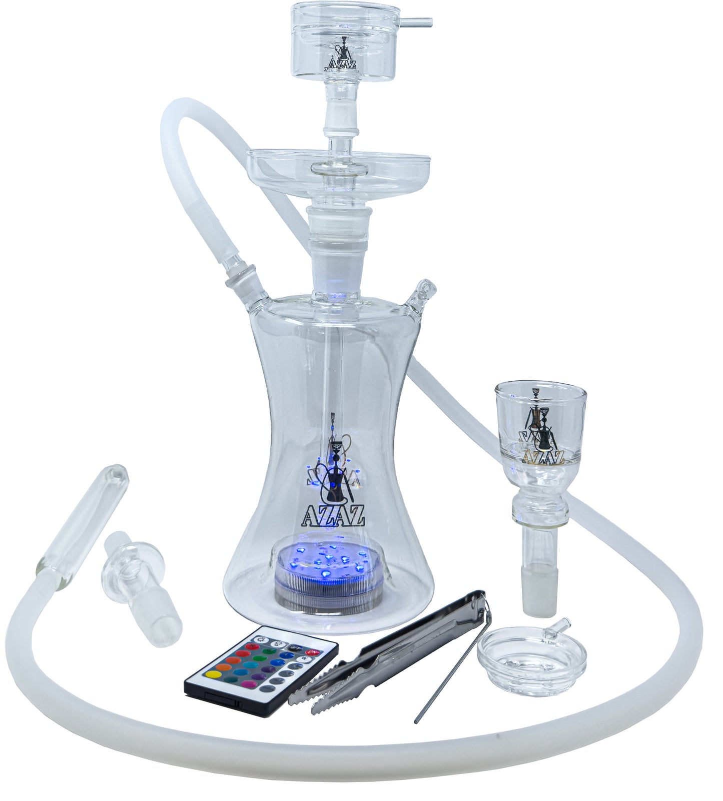 AZAZ Mystical Cloud Luxury Portable Glass Hookah Set with Glassdown Stem, 2 Glass Bowl, 2 Glass Bowl Lid, Glass Charcoal Tray, LED Light with Remote, Charcoal Tongs, Hookah Hose, and Hookah Carrying Case