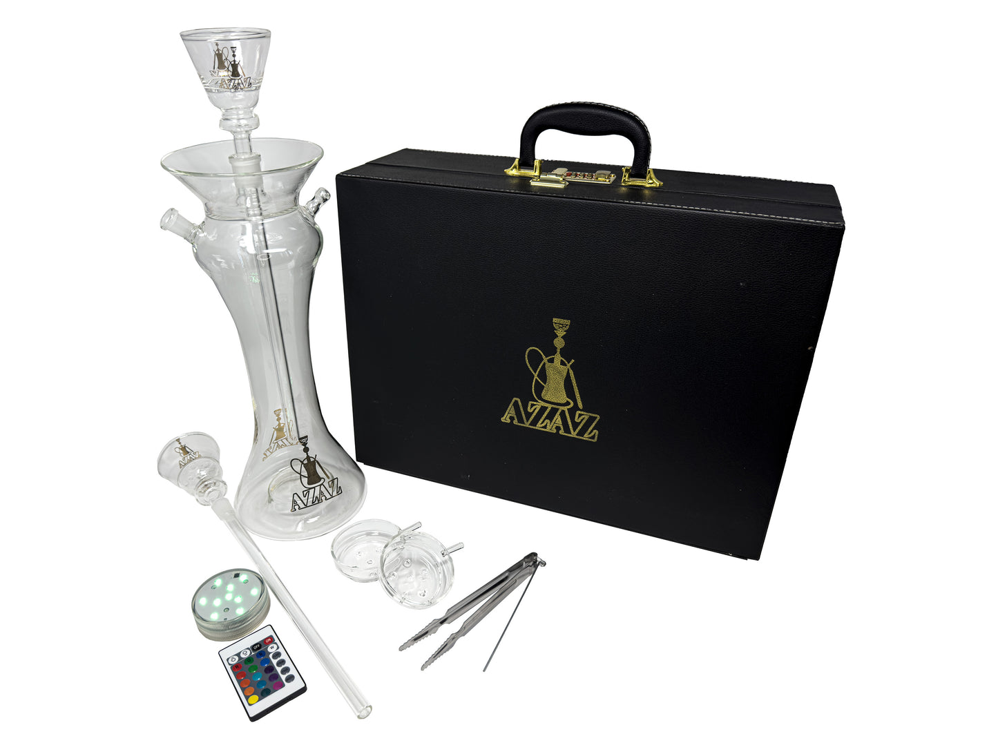 AZAZ Cosmic Breeze Luxury Tall Portable Glass Hookah Set with 2 Glass Bowl - Glass Downstem, 2 Glass Bowl Lid, LED Light with Remote, Charcoal Tongs, 2 Disposable Hookah Hose, and Hookah Carrying Case