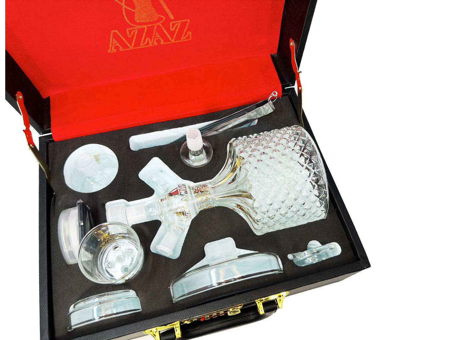 AZAZ Crystal Shisha Luxury Portable Glass Hookah Set with 2 Glass Bowls, 2 Glass Bowl Lid, Glass Charcoal Tray, LED Light with Remote, Charcoal Tongs, Disposable Hookah Hose, and Carrying Case