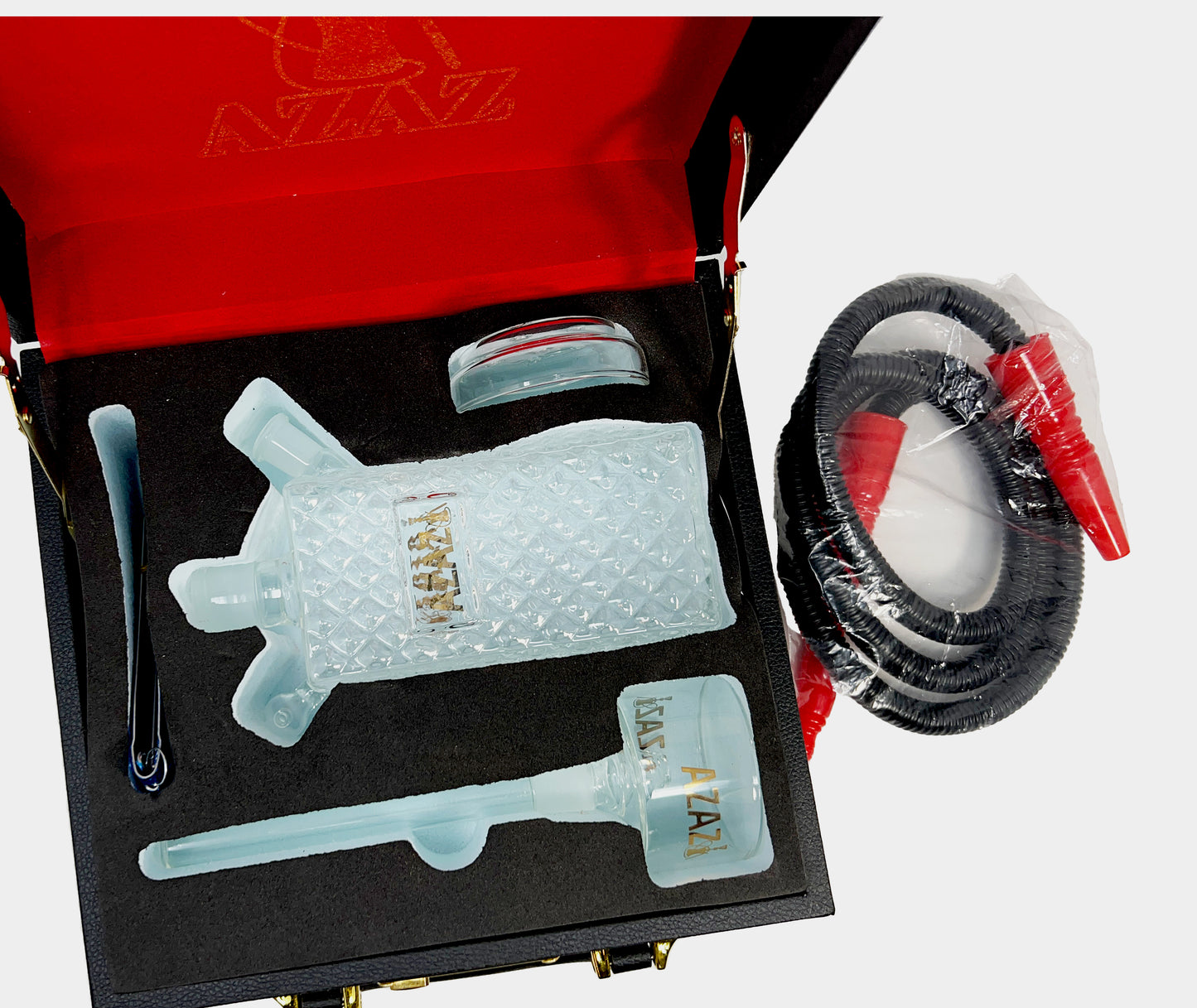 AZAZ Mini Crystal Luxury Portable Glass Hookah Set, Glass Bowl and Downstem, Glass Bowl Lid, Charcoal Tongs, Disposable Hookah Hose, and Hookah Carrying Case