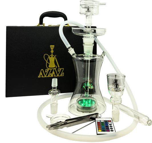 AZAZ Mystical Cloud Luxury Portable Glass Hookah Set with Glassdown Stem, 2 Glass Bowl, 2 Glass Bowl Lid, Glass Charcoal Tray, LED Light with Remote, Charcoal Tongs, Hookah Hose, and Hookah Carrying Case