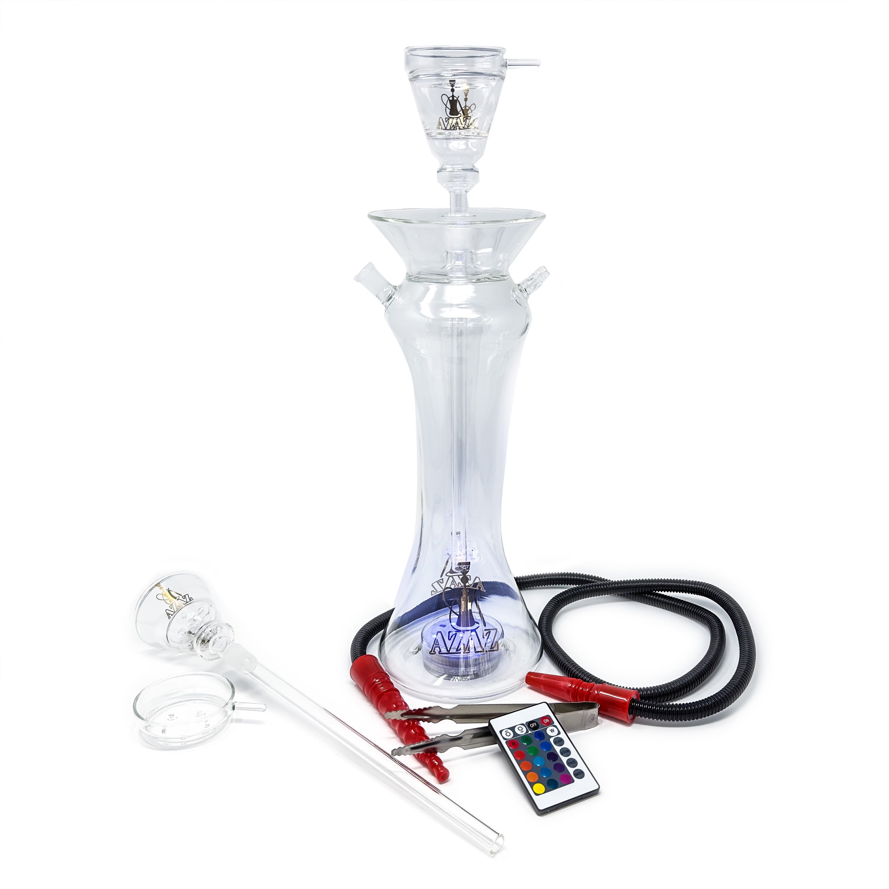  AZAZ Crystal Shisha Luxury Portable Glass Hookah Set with 2  Glass Bowls, 2 Glass Bowl Lid, Glass Charcoal Tray, LED Light with Remote,  Charcoal Tongs, Disposable Hookah Hose, and Carrying Case 