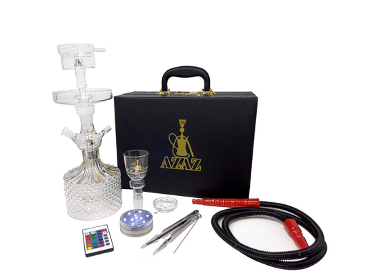 AZAZ Crystal Shisha Luxury Portable Glass Hookah Set with 2 Glass Bowls, 2 Glass Bowl Lid, Glass Charcoal Tray, LED Light with Remote, Charcoal Tongs, Disposable Hookah Hose, and Carrying Case