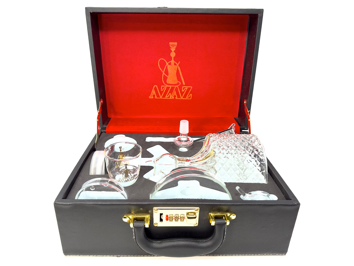 AZAZ Crystal Shisha Luxury Portable Glass Hookah Set with 2 Glass Bowls, 2 Glass Bowl Lid, Glass Charcoal Tray, LED Light with Remote, Charcoal Tongs, Disposable Hookah Hose, and Carrying Case