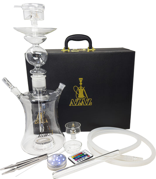 AZAZ Galactic Whirl Luxury Portable Glass Hookah Set with 2 Glass Bowl, Glass Downstem, 2 Glass Bowl Lid, LED Light with Remote, Charcoal Tongs, Silicone Hookah Hose with Glass Tips, and Hookah Carrying Case